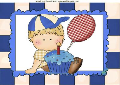 Birthday Boy with His Cake and Balloon in Blue Frame A4