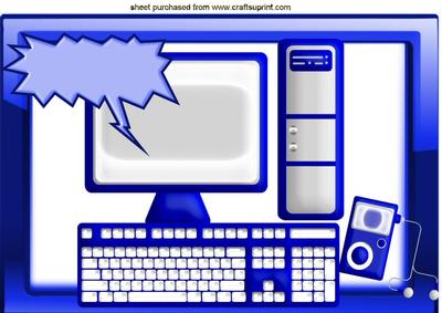 Boys Toys! Computer and Keyboard in Blue Glass Frame A4