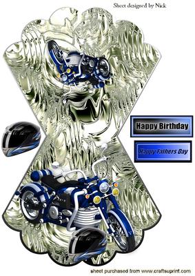 Blue Motorcycle with Helmet on Silver Mettalic Rocker Card