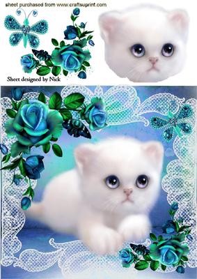 White Kitty with Sparkle Butterfly and Blue Roses 8x8
