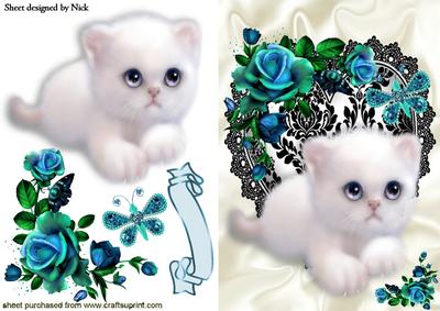 Little White Kitty on Black Lace Heart with Blue Roses
