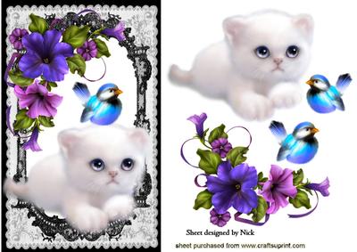 Little White Kitty with Blue Bird and Roses