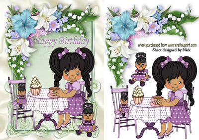 Tea Party with Little Girl in the Garden with Flowers
