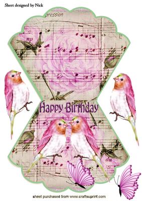 Pink Love Birds, on Music Sheet with Pink Roses Rocker Card