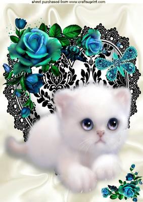 Cute White Kittie with Blue Roses on a Heart A4
