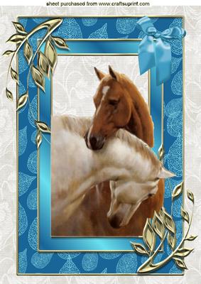 Horses Heads Entwined, in Blue Ornate Frame A4