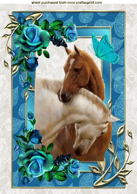 Horses Heads Entwined with Blue Roses and Butterfly A4