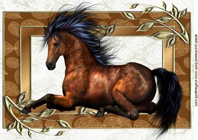 Horse Laying Down in Ornate Leaf Frame A4