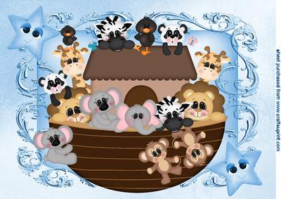 Noahs Ark in Blue Ornate Frame with Funny Face Stars A4
