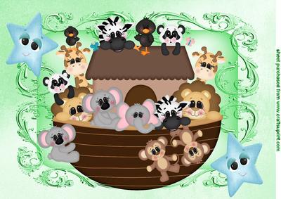 Noahs Ark in Green Ornate Frame with Funny Face Stars A4