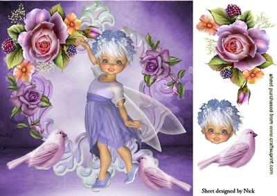 Dancing Faerie in Lilac with Pretty Roses and Birds 8x8