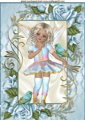 Little Faerie with Blue Bird in Blue Rose Frame A4