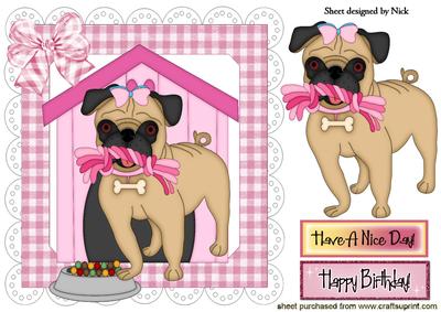 Pug in Pink Dog House with His Rope 8x8