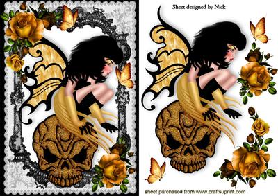 Gothic Faerie on Gold Skull with Gold Roses