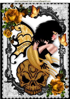 Gothic Fearie on Gold Skull with Gold Roses A4