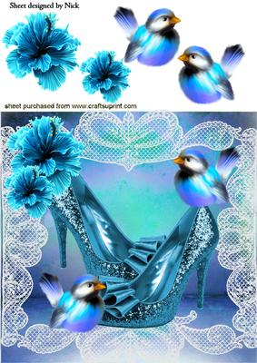 Blue Sparkle Shoes with Little Birds and Flowers 8x8