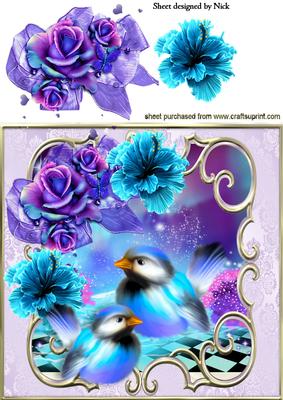 Blue Birds and Flowers in Ornate Frame 8x8