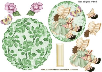 Little Bonnet Girl in Green with Pink Roses Rocker Card
