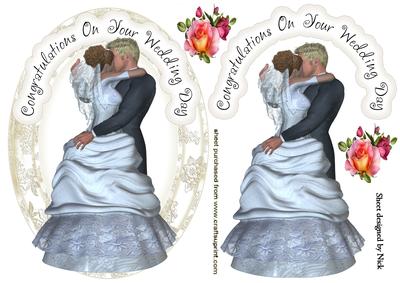 Kissing Wedding Couple, with Pink Roses
