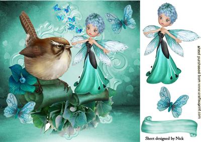 Butterfly Faerie with Bird on a Scroll 8x8