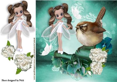 Little White Faerie with Bird and White Roses 8x8