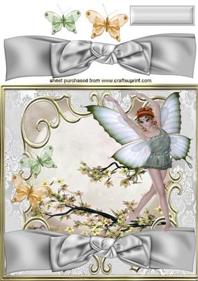 Dancing Faerie on Silver Bow with Butterflies 8x8