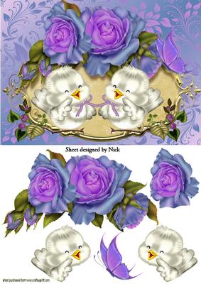 Little White Song Birds with Purple Roses