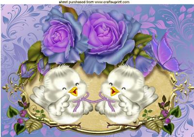 Little Wite Song Birds with Purple Roses A4