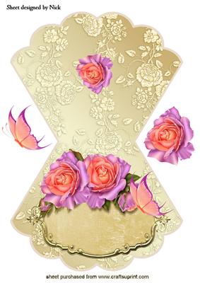 Pink Roses on a Gold Plaque with Butterflies Rocker Card