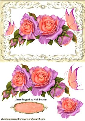 Pink Roses with Butterflies in Ornate Frame