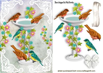 Bird Bath with Little Birds and Flowers