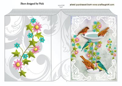 Bird Bath with Little Birds and Flowers Folded Book