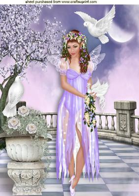 Pretty Lilac Faerie with Doves in the Moonlight A4