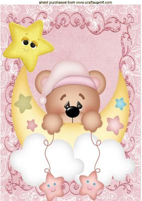 Sweet Dreams Little Teddy in Pink with Moon and Stars A4
