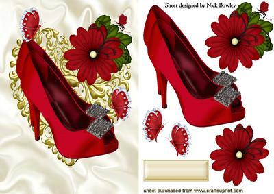 Pretty Red Diamante Shoes on Gold Heart with Butterflies