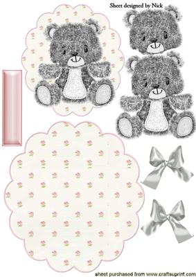 Little Silver Bear with Pink Roses and Bows Rocker Card