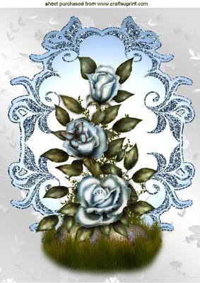 Pretty Blue Roses in Ornate Frame A4