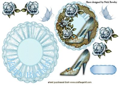 Blue Ornate Shoe, with Roses and Butterflies Rocker Card