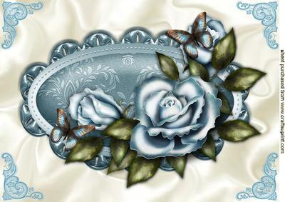 Blue Roses and Butterflies in Ornate Frame A4