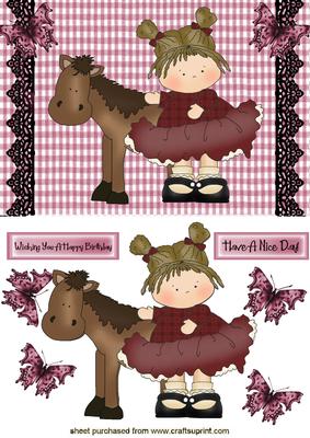 Cute Girl with Horse on Pink Check Background with Butterflies