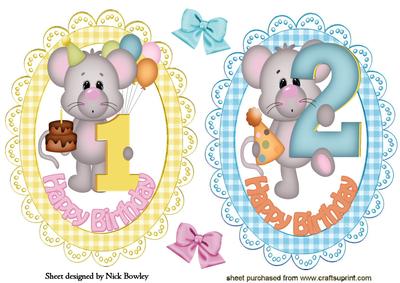 Birthday Mice Toppers for Aged 1 & 2 Yr Olds