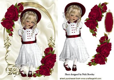 Sweet Girl in Red Bonnet with Roses A5