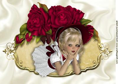 Little Girl in Bonnet in Ornate Frame with Red Roses A4