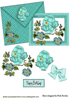 Envelope with Card of Little Bird with Flowers