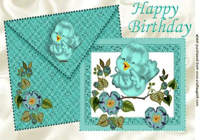 Envelope with Card of Little Bird with Flowers A4