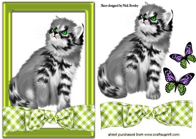 Cute Kitty in Green Gingham Frame with Bow