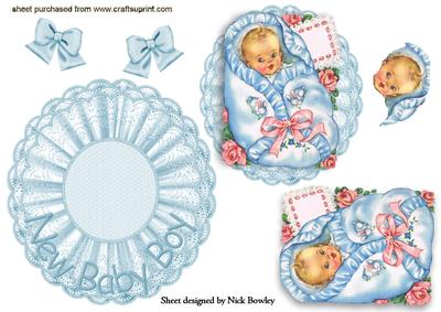 Vintage Baby Boy on Lace Rocker Card with Bows