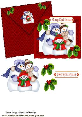 Lovely Christmas Snowman Family on Card with Envelope