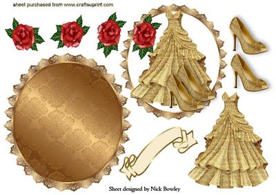 Gold Party Dress with Shoes and Red Roses Rocker Card