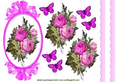 Gorgeous Cerise Roses & Butterflies in Pretty Frame